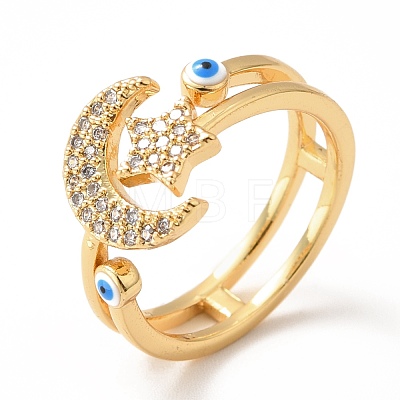 Cubic Zirconia Moon and Star Open Cuff Ring with Enamel Evil Eye RJEW-H101-36G-1