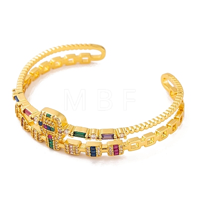Brass Pave Colorful Cubic Zirconia 2-Strand Open Cuff Bangles for Women BJEW-S147-34G-A-1