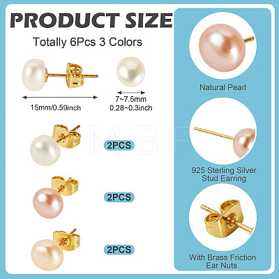 6Pcs 3 Colors Natural Cultured Freshwater Pearl Stud Earrings EJEW-TAC00026-1