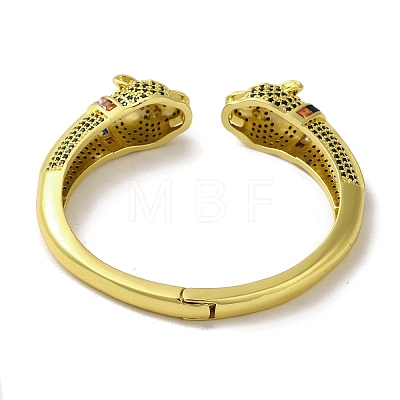 Brass Pave Clear & Green Cubic Zirconia Leopard Open Cuff Bangle for Women BJEW-K246-20A-G-1