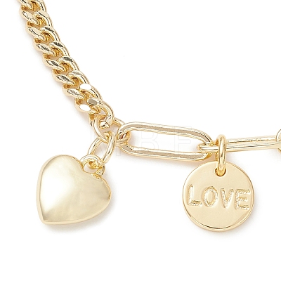 Brass Flat Round with Word Love & Heart Charms Bracelets BJEW-JB13482-1