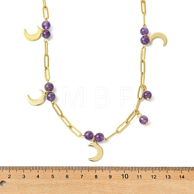 304 Stainless Steel Paperclip Chain Moon Pendant Necklaces with Natural Amethyst Beads for Women NJEW-JN06251-01-1