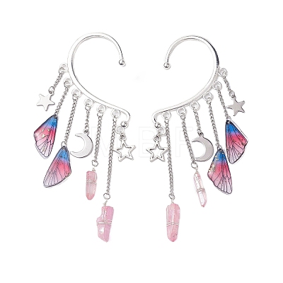 Wing Resin & Natural Quartz Crystal Points Beaded Dangle Earrings EJEW-TA00523-1