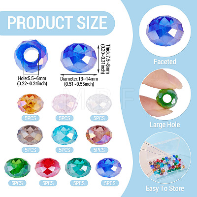 50Pcs 10 Colors Transparent Glass European Beads GPDL-TA0001-13-1