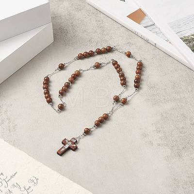 Natural Wood Round Rosary Bead Necklace NJEW-JN04248-1