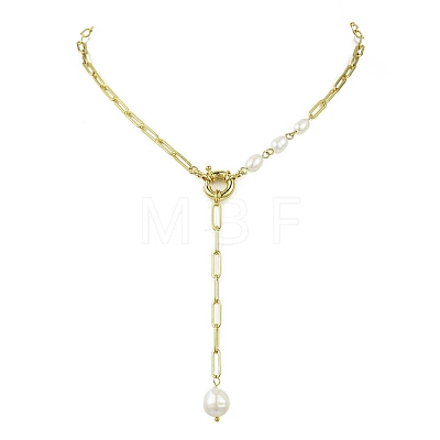 Natural Baroque Keshi Pearl Oval Tassel Brass Paperclip Chain Lariat Necklaces for Women NJEW-JN06009-1