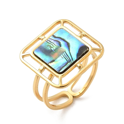 Square 304 Stainless Steel Paua Shell Cuff Rings for Women RJEW-G346-03G-01-1