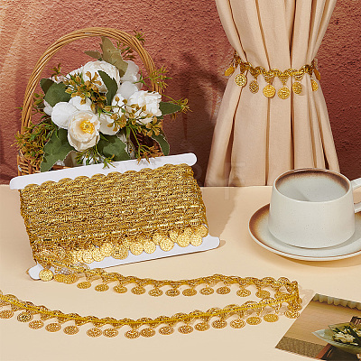 Polyester Braided Metallic Lace Trim with Metal Flat Round Tassel OCOR-WH0082-537A-1