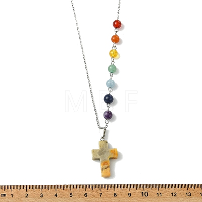 Chakra Natural Mixed Gemstone Religion Cross Pendant 304 Stainless Steel Cable Chain Necklaces for Women NJEW-JN06268-1
