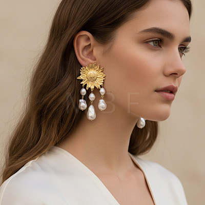 Alloy Imitation Pearl Sunflower Tassel Chandelier Earrings for Women WGA0AF8-01-1