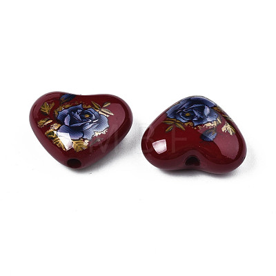 Flower Printed Opaque Acrylic Heart Beads SACR-S305-28-L01-1