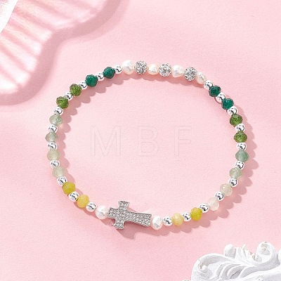 Dyed Natural Malaysia Jade Rondelle & Cultured Freshwater Pearl Beaded Stretch Bracelets BJEW-JB13380-03-1