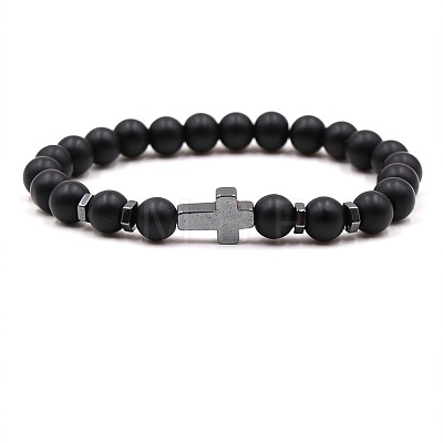8MM Round Frosted Natural Obsidian Beaded Stretch Bracelets with Synthetic Non-magnetic Hematite Cross FA1012-18-1