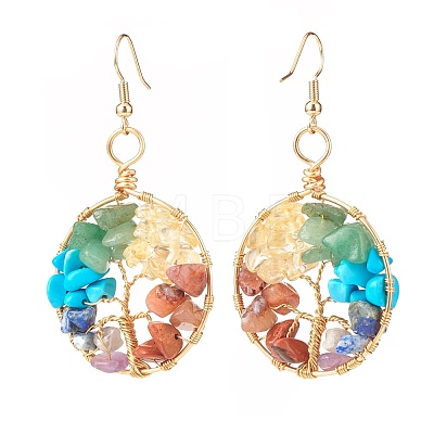 Natural & Synthetic Mixed Gemstone Chips Braided Ring with Tree of Life Dangle Earrings EJEW-JE04878-03-1