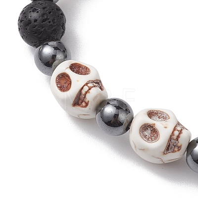 2Pcs Halloween Skull Synthetic Turquoise & Round Lava Rock & Synthetic Non-Magnetic Hematite Beaded Stretch Bracelet Sets for Women BJEW-JB10656-1