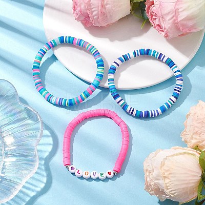 3Pcs 3 Colors Polymer Clay Disc Beaded Stretch Bracelet Sets BJEW-JB10441-02-1