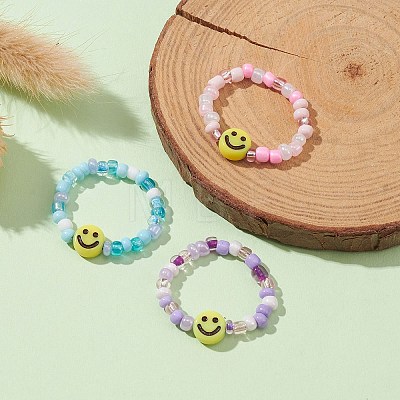 3Pcs 3 Color Glass Seed & Acrylic Smiling Face Beaded Stretch Rings Set RJEW-JR00577-1