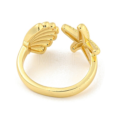 Starfish & Shell Rack Plating Brass Open Cuff Rings RJEW-N047-02G-RS-1