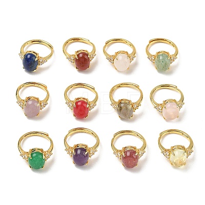 Brass Micro Pave Cubic Zirconia with Natural & Synthetic Gemstone Cuff Open Rings RJEW-T035-01G-M-1