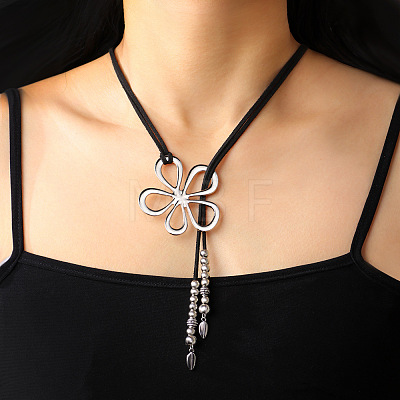 Flower Hollow Flower Bohemian Style Alloy Pendant Black Faux Suede Cord Lariat Necklaces for Women FS-WG7C28D-01-1