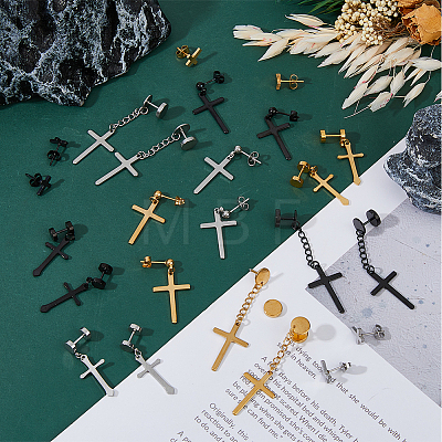 FIBLOOM 24Pcs 12 Style Stainless Steel Cross Stud Earrings with 304 Stainless Steel Pins for Women Men EJEW-FI0002-06-1