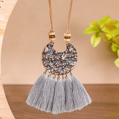 Boho Alloy Moon and Cotton Tassel Pendant Faux Suede Cord Necklaces WG291DA-02-1