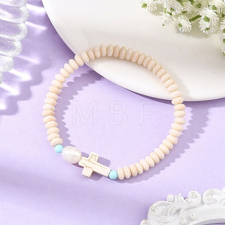 Religion Synthetic Turquoise Cross & Rondelle Natural Petrified Wood & Round Dyed Howlite Beaded Stretch Bracelets BJEW-JB14421-1