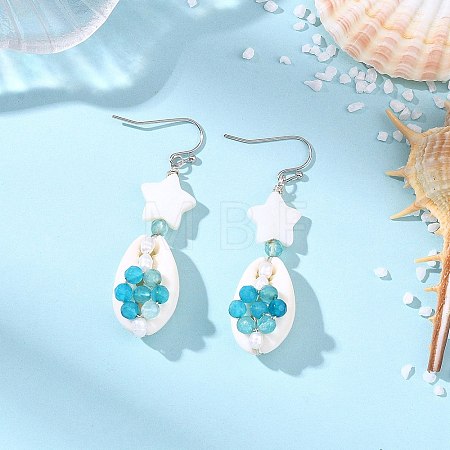 Natural Agate & Cultured Freshwater Pearl & Cowrie Shell Beads Dangle Earrings EJEW-JE07199-1