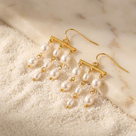 304 Stainless Steel & Plastic Pearl Oval Bead Tassel Chandelier Earrings for Women WGBEBE0-01-1