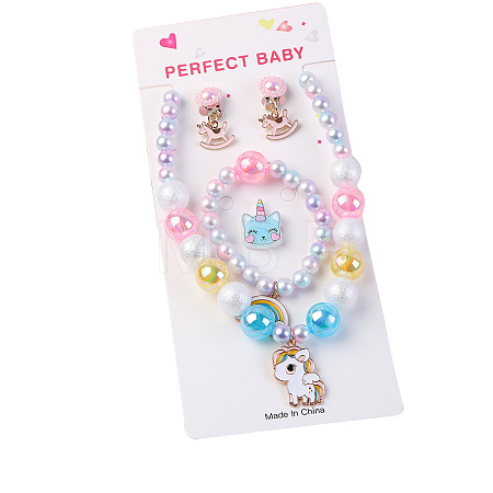 Cute Unicorn Alloy Plastic Children's Beaded Necklace & Bracelet & Cuff Ring & Clip-on Earring Jewelry Sets for Girl's FS-WGF4311-03-1