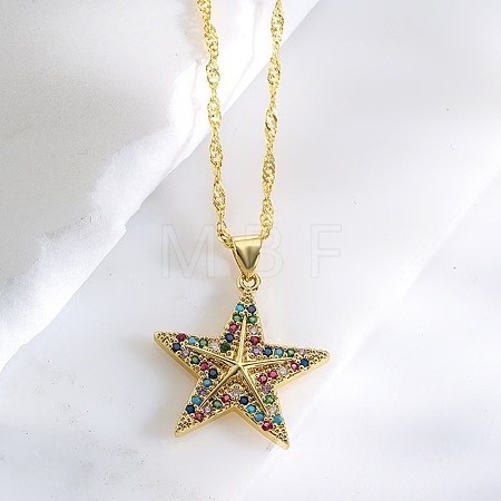 Ocean Brass Micro Pave Cubic Zirconia Starfish Pendant Stainless Steel Chain Necklaces FS-WG0F0EE-02-1