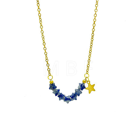 Bohemian Natural Blue Spot Jasper Star Beads Pendant 304 Stainless Steel Chain Necklaces for Women WG45F40-03-1