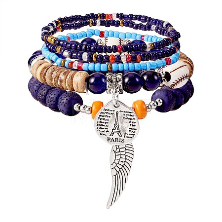 5Pcs 5 Style Wood & Glass Seed & Acrylic Beaded Stretch Bracelets Set with Baseball JB709E-1