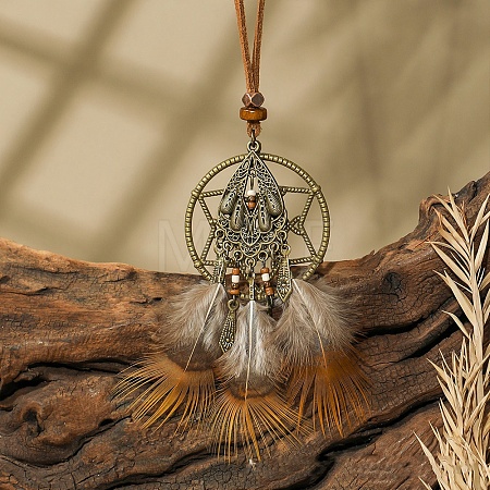 Ethnic Style Alloy & Wood Woven Web/Net with Feather Big Pendant Faux Suede Cord Necklaces for Women FS-WG285C1-04-1