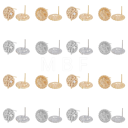 8Pcs 4 Style Flat Round with Flower Brass Micro Pave Clear Cubic Zirconia Stud Earrings Findings KK-DC0002-90-1