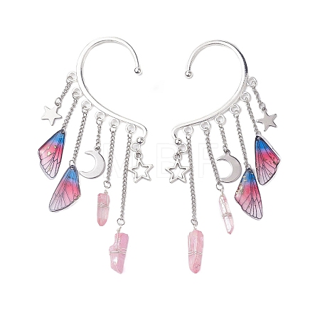 Wing Resin & Natural Quartz Crystal Points Beaded Dangle Earrings EJEW-TA00523-1