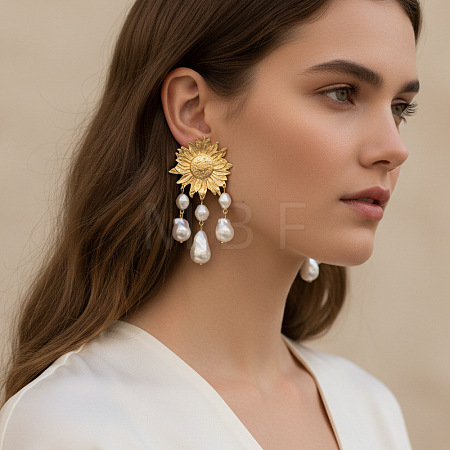 Alloy Imitation Pearl Sunflower Tassel Chandelier Earrings for Women WGA0AF8-01-1