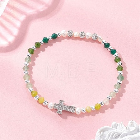 Dyed Natural Malaysia Jade Rondelle & Cultured Freshwater Pearl Beaded Stretch Bracelets BJEW-JB13380-03-1