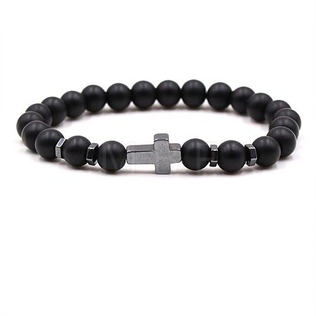 8MM Round Frosted Natural Obsidian Beaded Stretch Bracelets with Synthetic Non-magnetic Hematite Cross FA1012-18-1