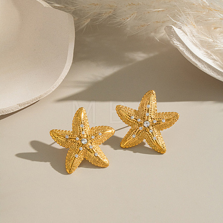 Starfish 304 Stainless Steel Rhinestone Stud Earrings EJEW-P332-04G-1