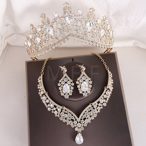 Teardrop Alloy Rhinestone Pendant Necklaces & Stud Dangle Earrings & Crown Hair Band Sets FS-WGCA643-04-1