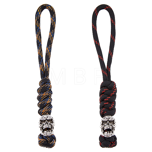 2Pcs 2 Colors Braided Polyester EDC Knife Parachute Lanyard Alloy Skull Bead Pendant Decoration for Men HJEW-HY0001-07-1