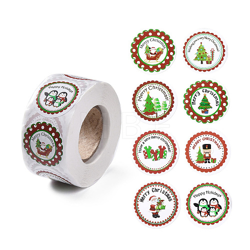 8 Patterns Christmas Round Dot Self Adhesive Paper Stickers Roll X-DIY-A042-01B-1