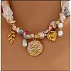304 Stainless Steel Enamel Pendant Printed Cloth Scarf Necklaces for Women FS-WGDE682-09-1