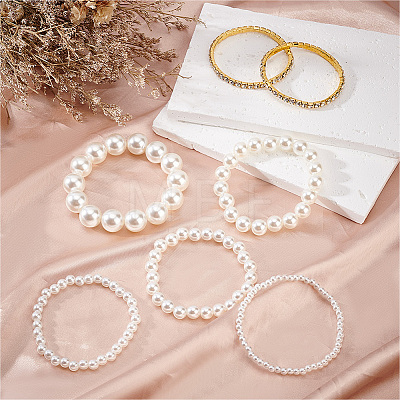 7Pcs 7 Styles Plastic Imitation Pearl Round Beaded Stretch Bracelets Set BJEW-AN0001-36-1