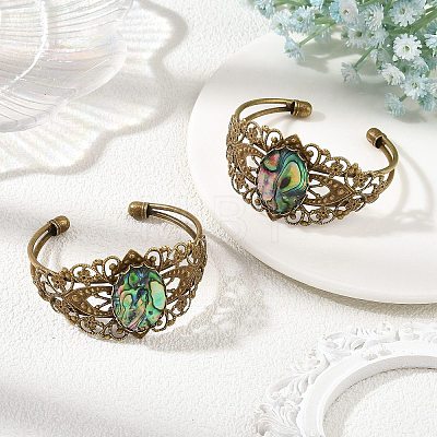 Oval Natural Paua Shell Brass Hollow Floral Cuff Bangles for Women BJEW-JB14503-01-1