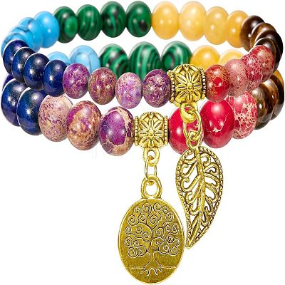 2Pcs Chakra Natural & Synthetic Mixed Gemstone Round Beads Stretch Bracelets FS-WG435B7-02-1