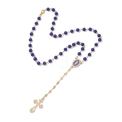 Blue Round Glass Rosary Bead Necklaces NJEW-JN05626-1