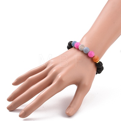 Natural Weathered Agate(Dyed) & Lava Rock Round Beaded Stretch Bracelet BJEW-JB08501-1