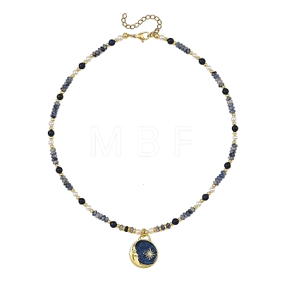 Brass Enamel Moon Sun Pendant Round Natural Lapis Lazuli and Rondelle Blue Spot Jasper Beaded Necklaces for Women NJEW-JN06691-1